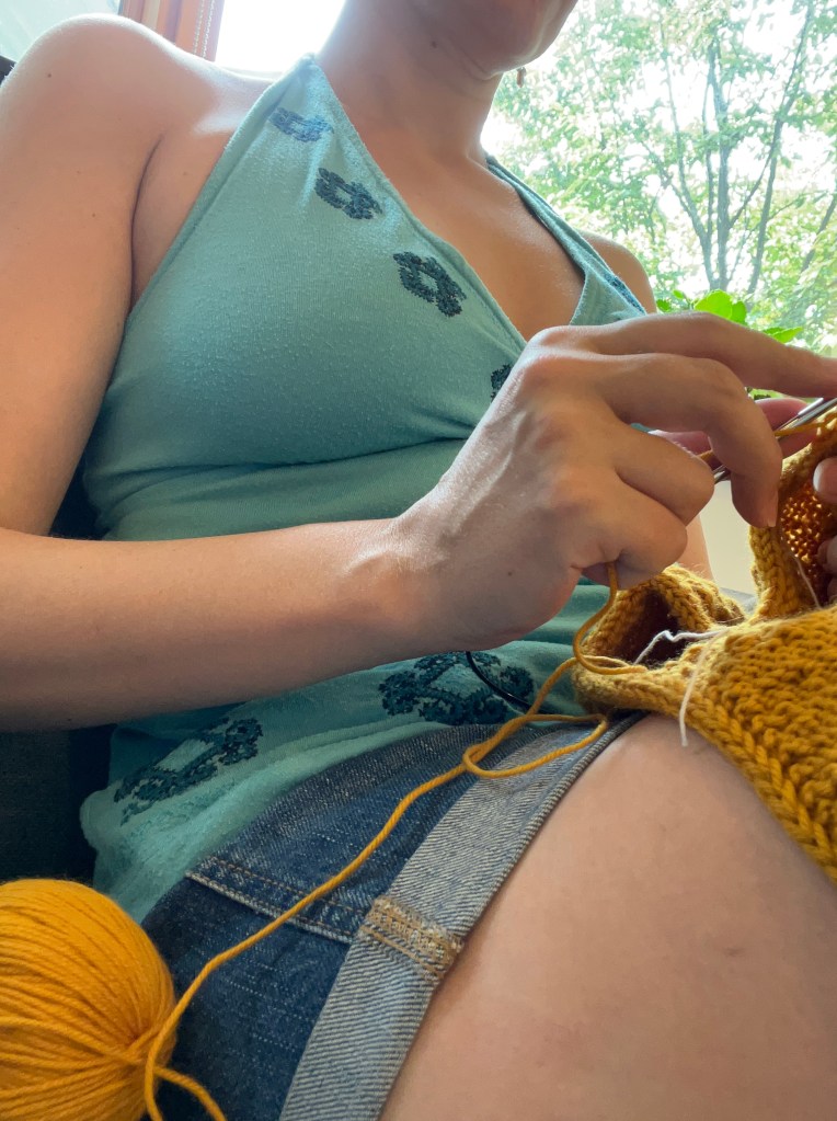 Author knitting at the library
